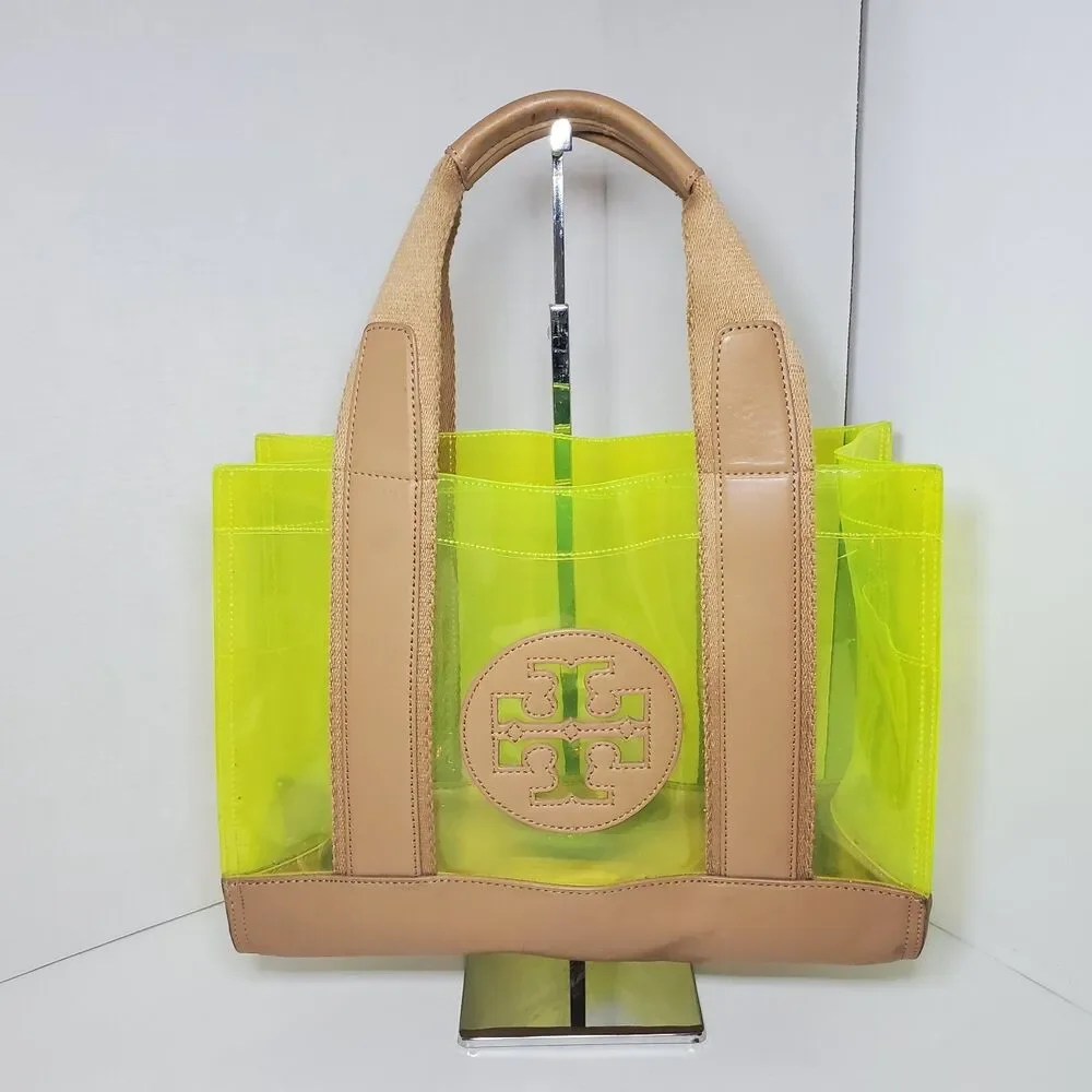 Rare Tory Burch Jesse Leather Clear Neon Yellow Dbl Handle Bag Mini Tote